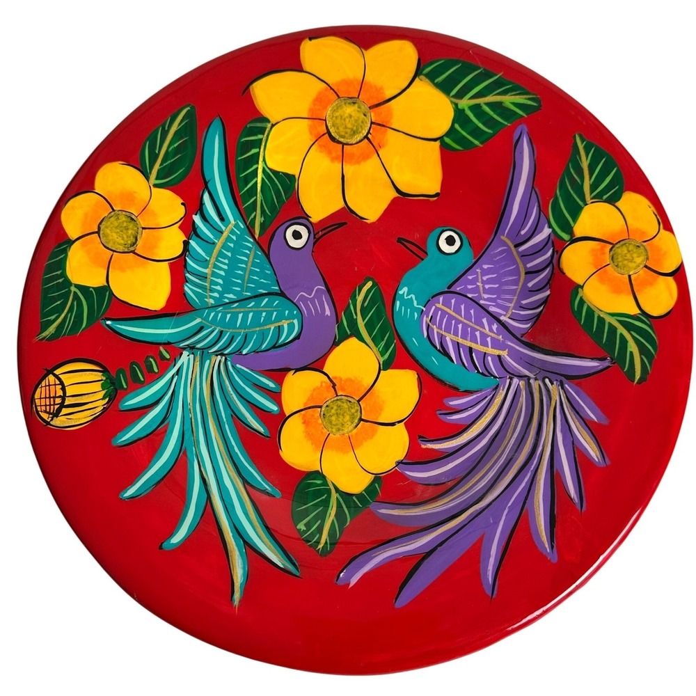Mexican Folk Art Hand Painted Terracotta Wall Plate Red Floral Bird Decor 12in‎